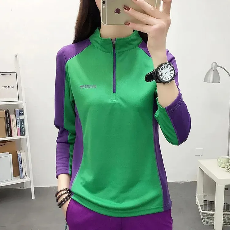 拼色显瘦运动速干衣长袖T恤女弹力透气户外徒步立领跑步快干衣