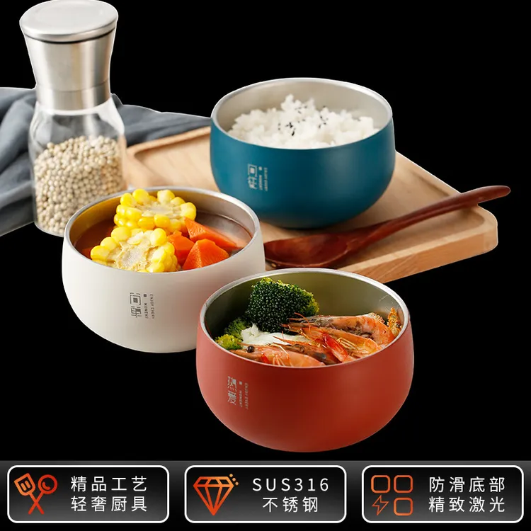 316食品级不锈钢碗家用加厚双层隔热碗家用防滑防烫