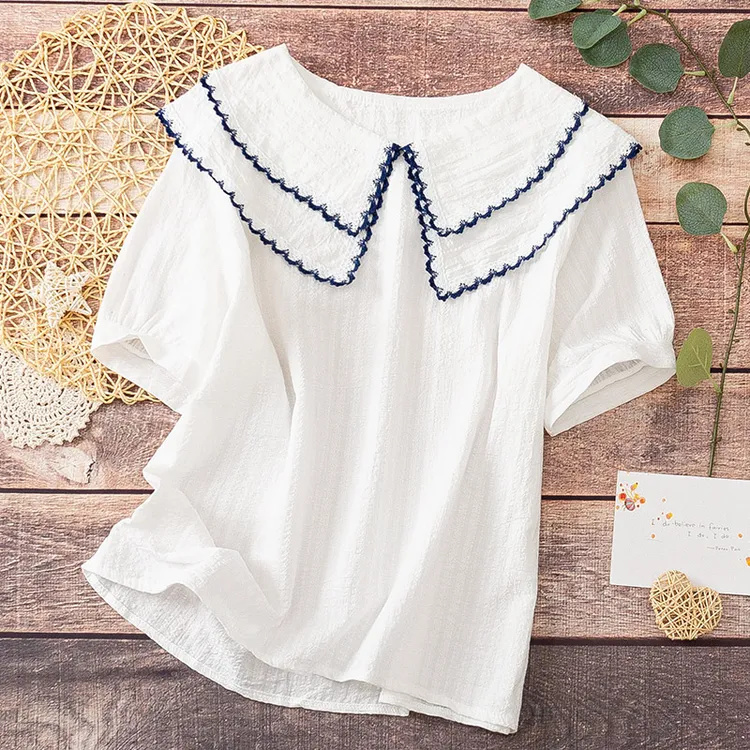 娃娃领白衬衫女夏装甜美海军风蕾丝拼接双层领娃娃衫纯棉短袖上衣
