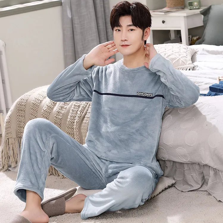 2024年新款睡衣男秋冬款加厚加绒秋冬季保暖法兰绒大码家居服套装