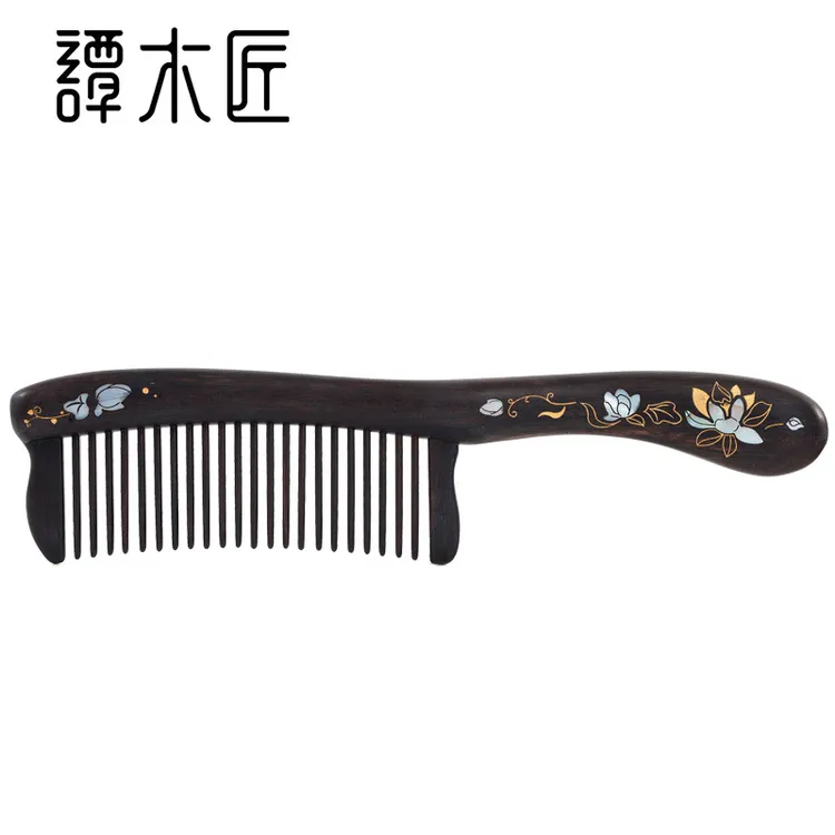 谭木匠正品天然黑檀木镶齿梳礼盒莲语镶贝工艺个人清洁护理礼品梳