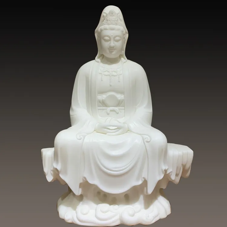 九鼎雕刻观音菩萨自在观音天然汉白玉原石整料手工雕刻48厘米高