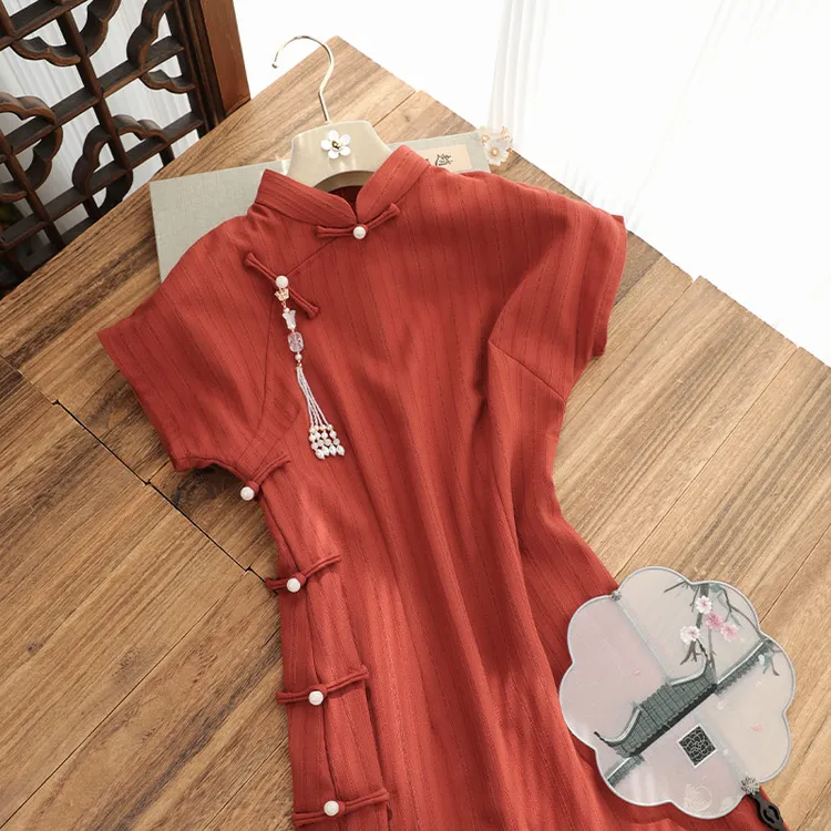 俏娘鱼2025春夏新款粉色复古新中式改良条纹旗袍女日常穿素雅国风