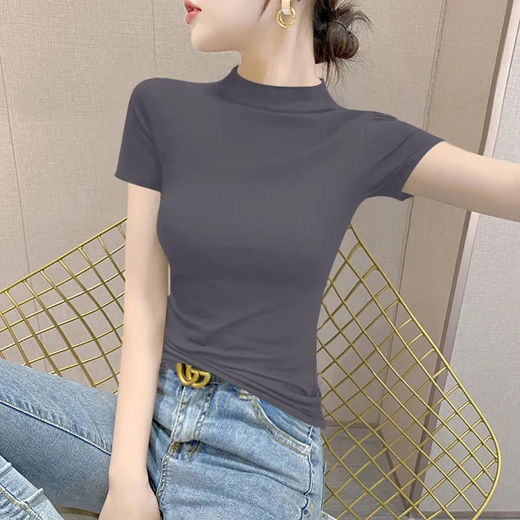 百搭短袖t恤女2024年新款夏季半高领修身显瘦质感简约半袖上衣