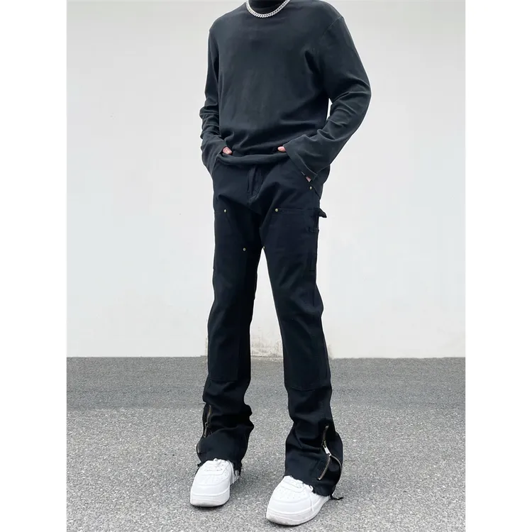 高街vibe风拉链开叉牛仔裤男美式潮牌宽松直筒hiphop微喇叭裤