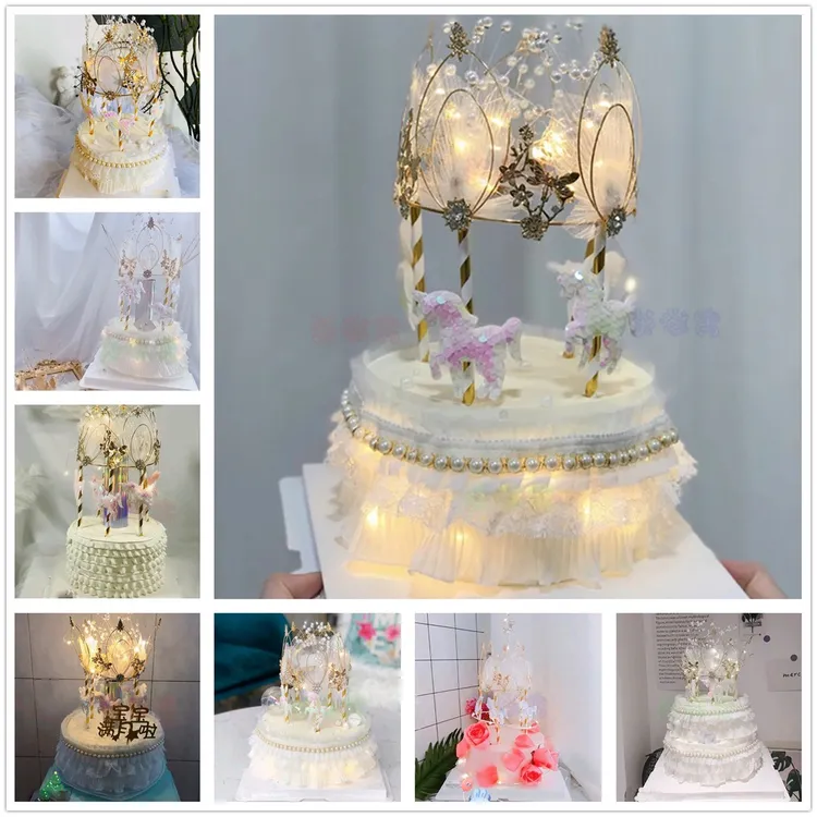 网红新式皇冠旋转木马生日蛋糕新鲜珍珠儿童女孩情侣全国同城配送