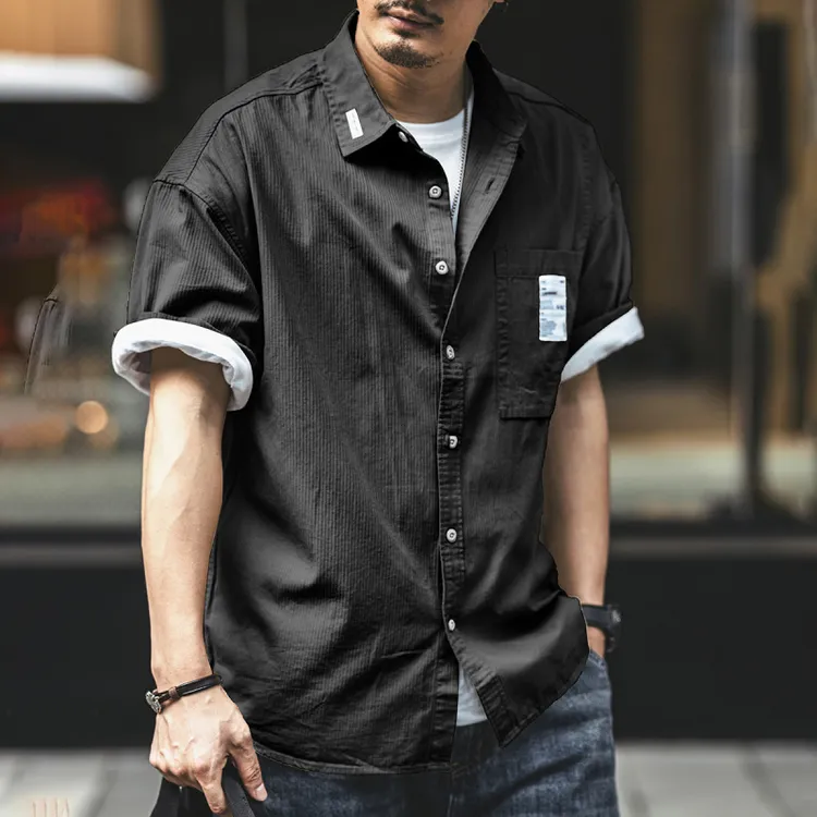 美式黑色短袖衬衫男夏季薄款宽松纯棉休闲上衣痞帅叠穿工装衬衣男