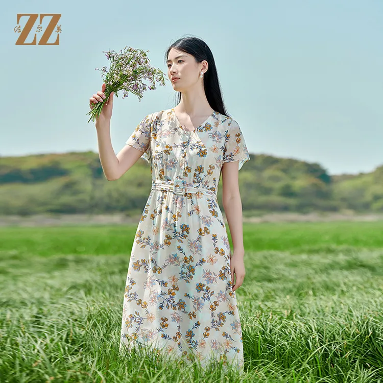 佐尔美夏季新款 桑蚕丝真丝乔其小碎花甜美连衣裙女E22LS36
