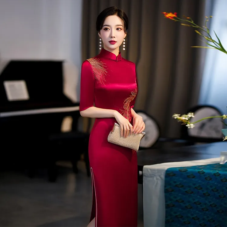 醋酸绣花旗袍妈妈装丈母娘岳母高贵气质喜婆婆中国风婚宴礼服裙