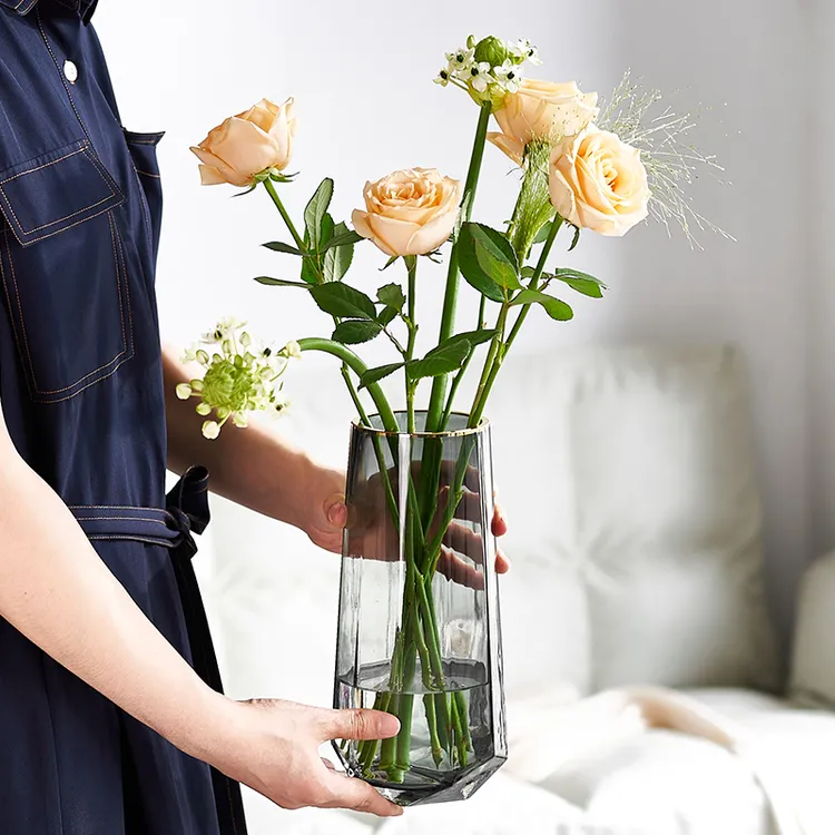 北欧轻奢创意描金玻璃花瓶水养鲜花玫瑰百合客厅插花餐桌装饰摆件