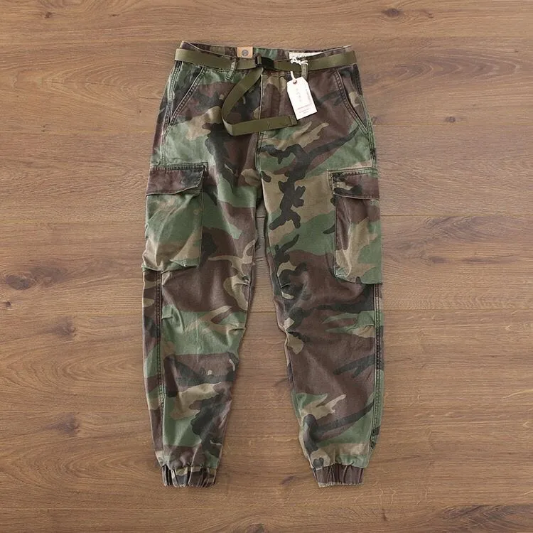 欧美复古迷彩工装裤男阿美咔叽多口袋潮牌宽松小直筒束脚裤长裤男