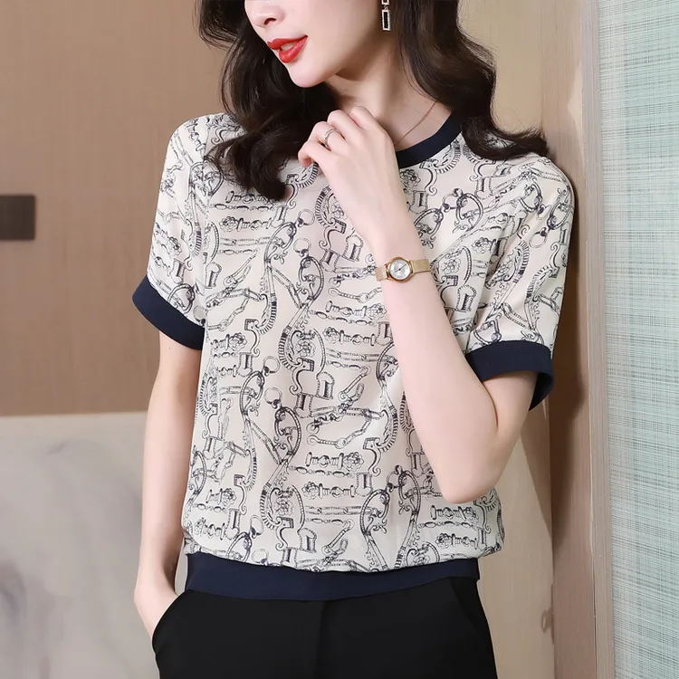 韩黛姿桑蚕丝高端真丝上衣女短袖2025年夏季新款时尚t恤显瘦小衫