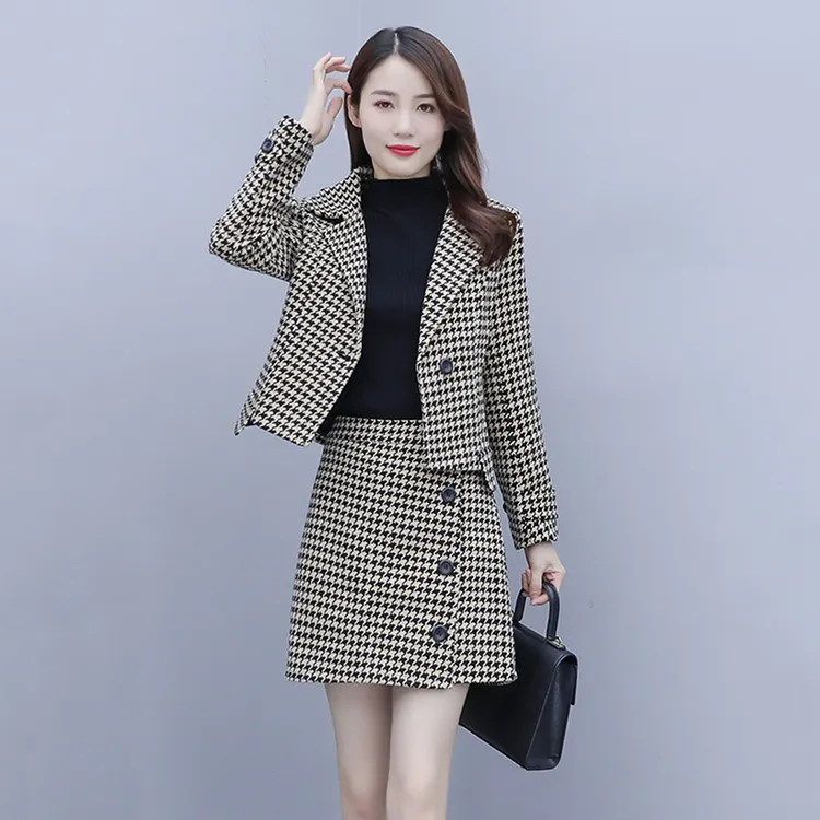 千鸟格西装套装裙小个子短款毛呢西服外套+a字短裙两件套女秋冬季