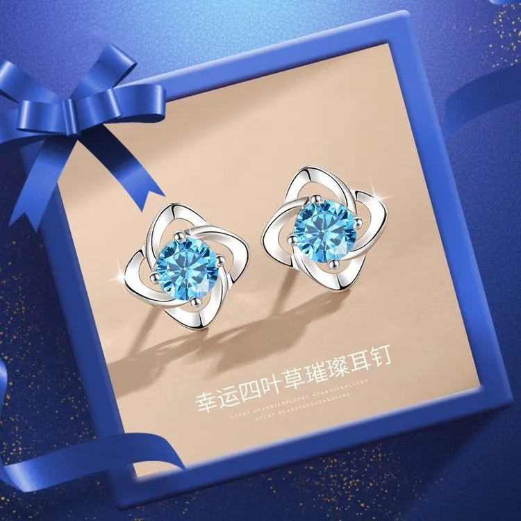 足银合成锆石耳饰 999纯银耳钉女四叶草耳坠耳环银圣诞礼物送女友