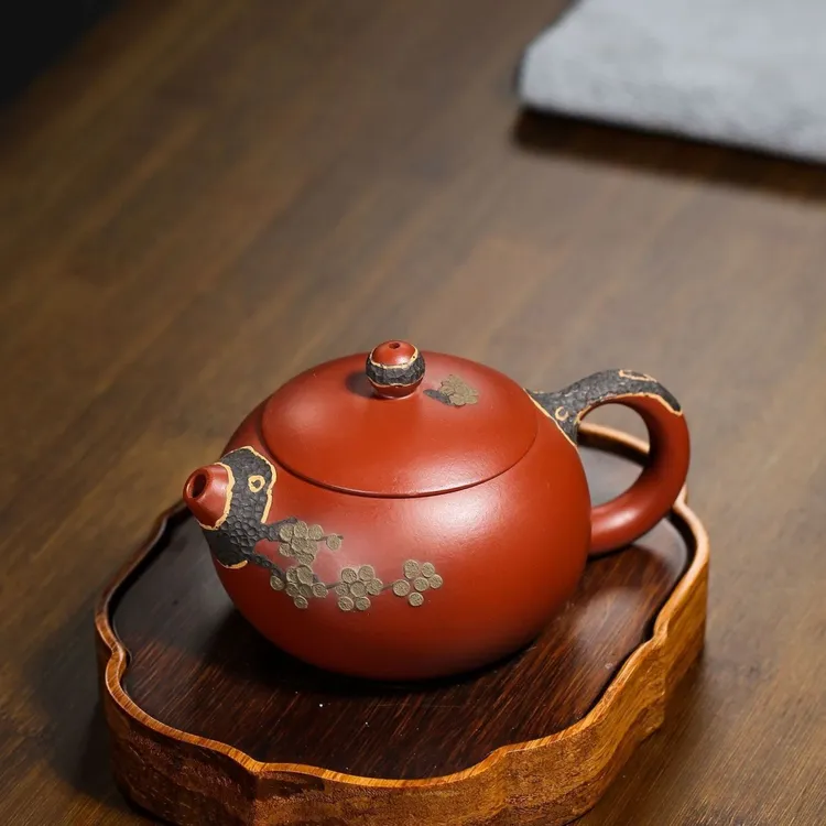 宜兴名家紫砂壶原矿大红袍松针西施茶壶手刻泥绘茶具礼盒装