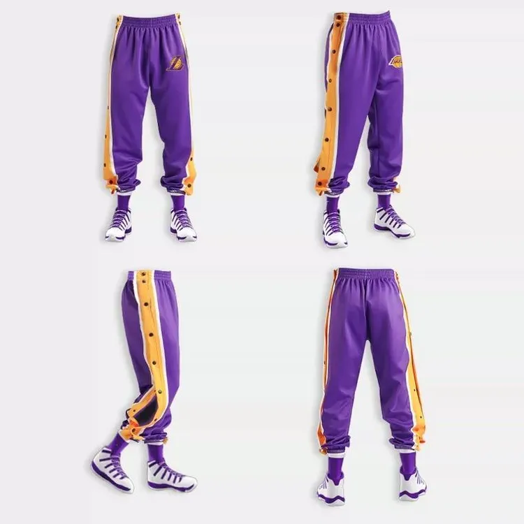 篮球训练裤全开扣秒脱侧开湖人詹姆斯科比运动排扣裤男纽扣束脚厚