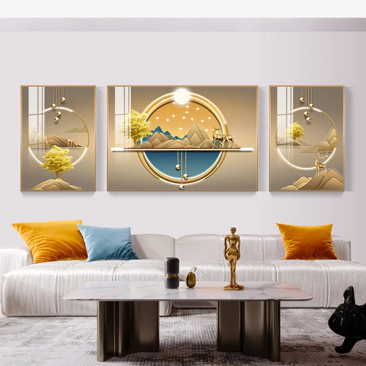福禄金山客厅三联画轻奢沙发背景墙装饰画晶瓷镶钻沙发背景墙挂画