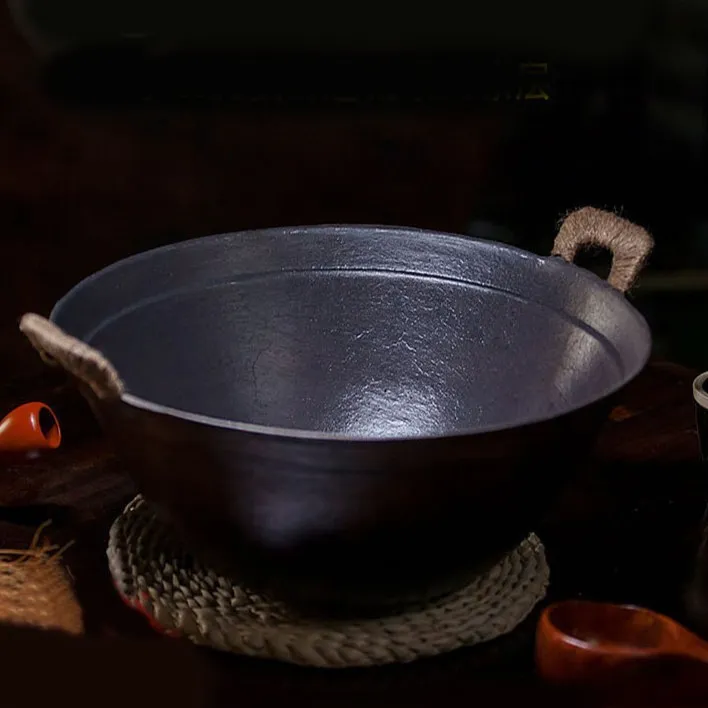 老式铸铁锅双耳炒锅生铁无涂层炒菜锅不粘锅家用燃气灶专用炒菜锅