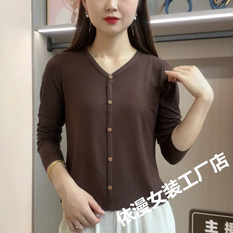 早春秋新款时尚百搭v领长袖T恤纯色弹力棉薄款上衣遮肚肉显瘦