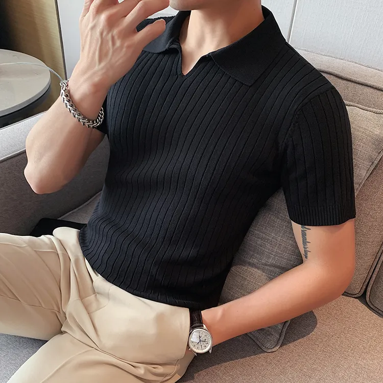 新款春夏季男士时尚V领潮男针织短袖Polo衫时尚条纹冰丝翻领T恤
