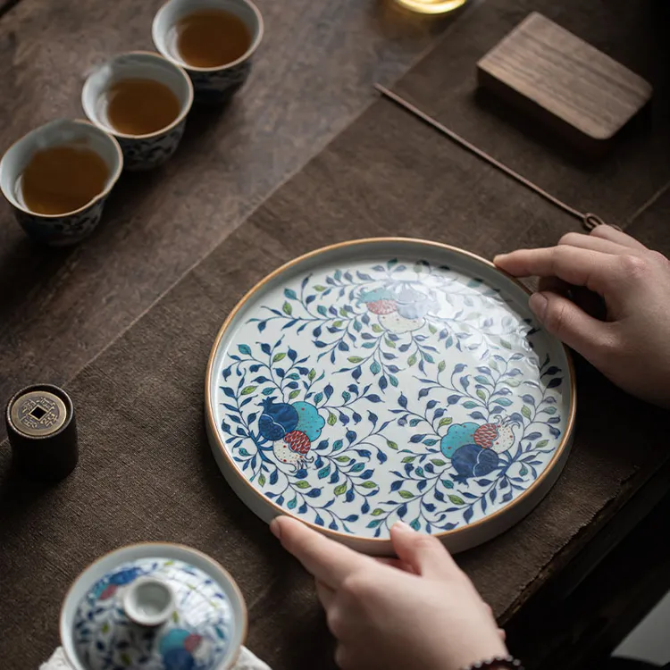 复古青花干泡台高端陶瓷茶具壶承茶功夫托盘大号盖碗茶盘日式