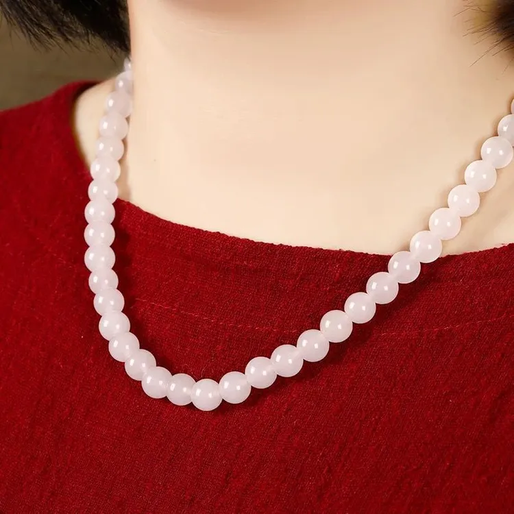 和田玉羊脂白玉女士款时尚项链圆珠子毛衣链挂件项坠佛珠妈妈链子