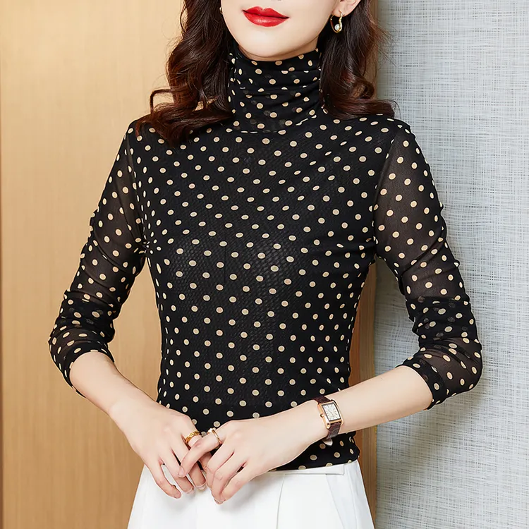 2025女装新品时尚长袖显瘦波点印花上衣T恤女打底衫洋气小衫加绒