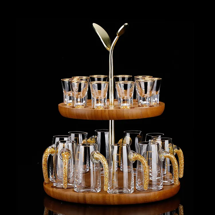 十全十美中式水晶金箔白酒杯分酒器一口杯烈酒杯千叶双层杯架套装