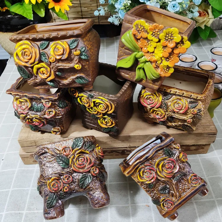 浮雕多肉花盆粗陶延熹老桩小群生清仓复古透气哑面花盆清仓