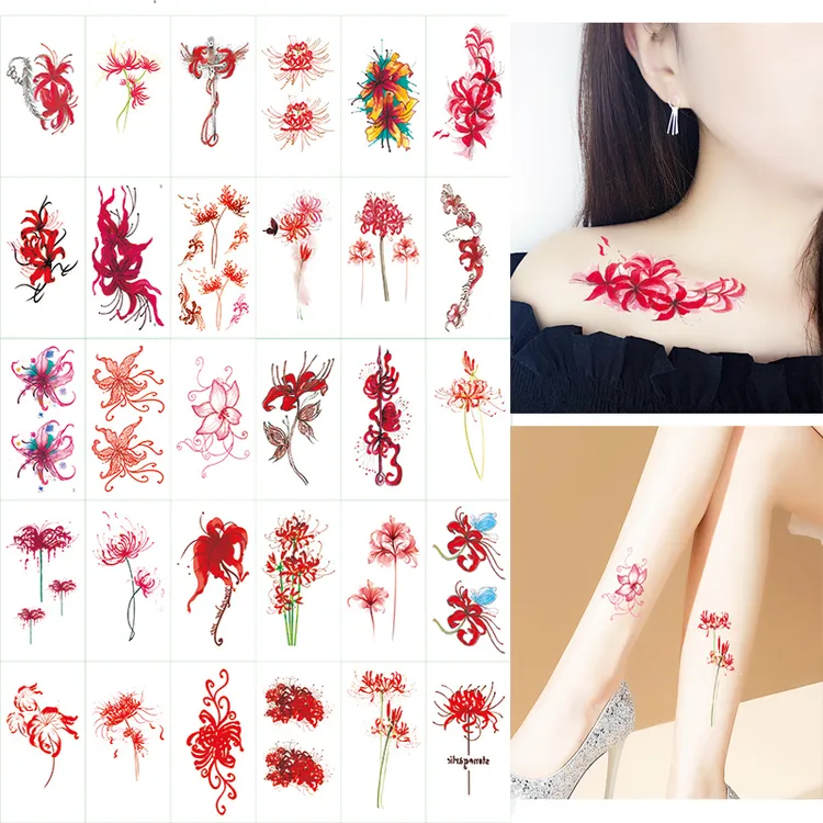 [30张彼岸花]纹身贴纸防水女持久仿真花锁骨胸前网红小图案贴少女