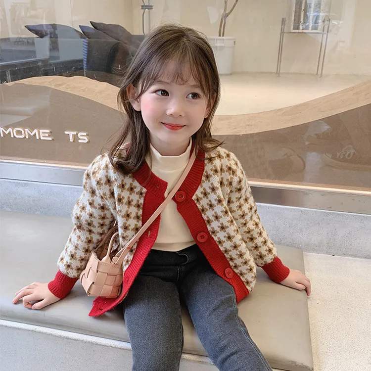 【直播专属】K2215女童毛衣彩色千鸟格针织衫外套儿童开衫女春秋