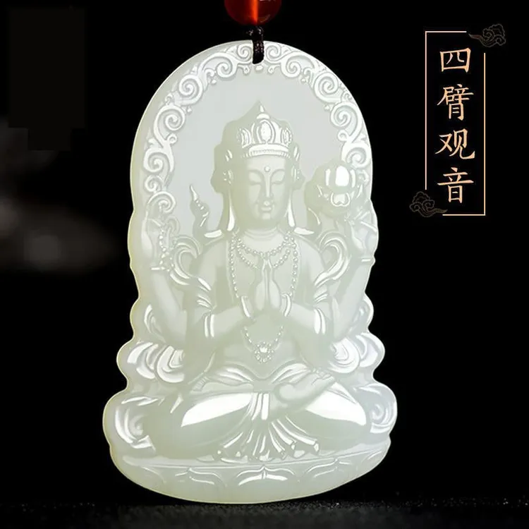 天然和田玉观音菩萨挂件白玉四臂观音款上等和田玉上等玉观音男