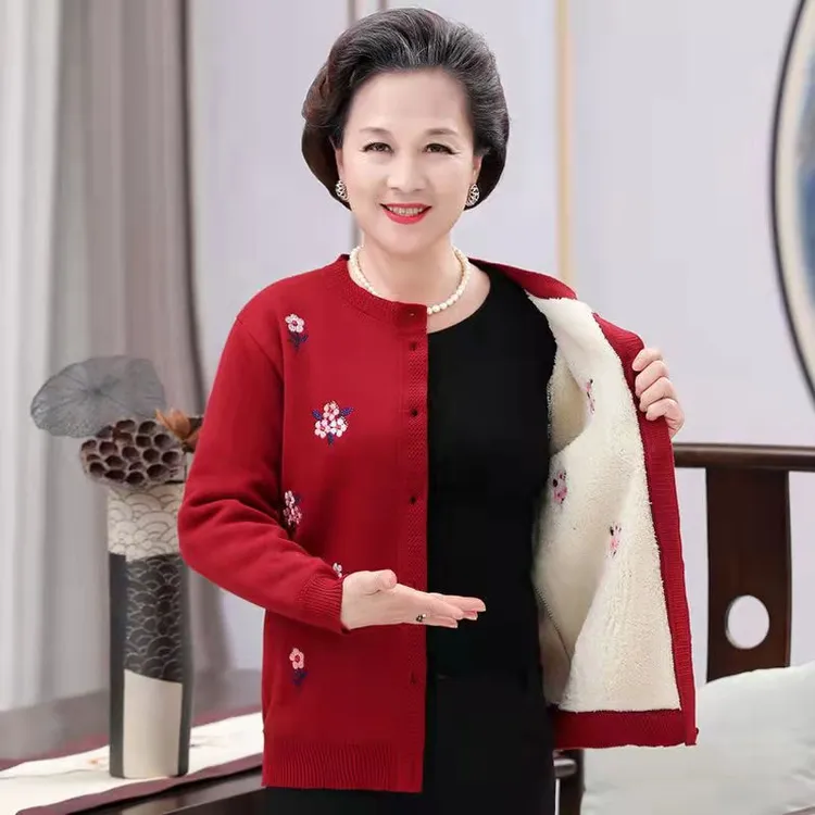 妈妈装冬装外套加绒加厚奶奶毛衣女秋冬针织衫外穿羊羔绒老人开衫