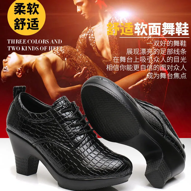 交谊舞跳舞鞋女秋冬女式广场舞鞋 石头纹中跟舞蹈鞋舒适真皮软面