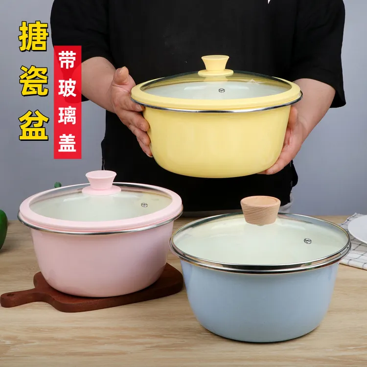 马卡龙搪瓷盖盆彩色搪瓷盆带盖搪瓷保鲜盆和面盆明火电磁炉加汤盆