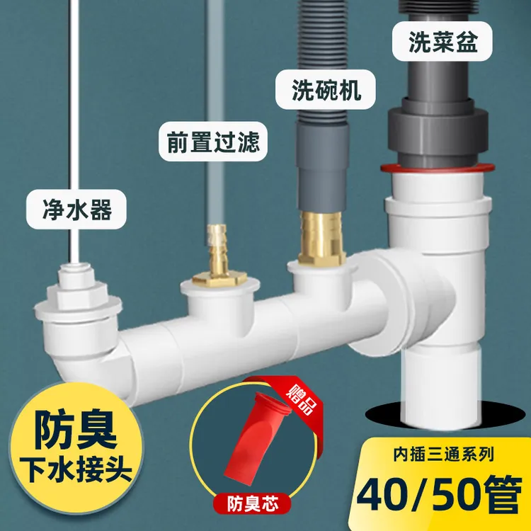 梵晟厨房排水管防臭连接器净水器洗碗机厨宝下水三通多通接头