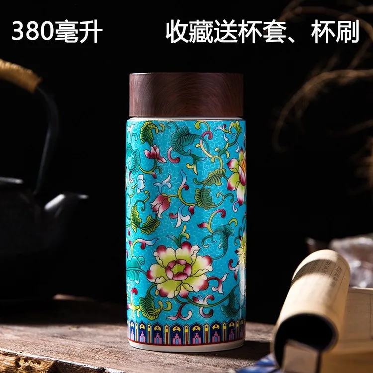 景德镇珐琅彩陶瓷内胆保温杯便携随手杯男女双层商务创意礼品杯