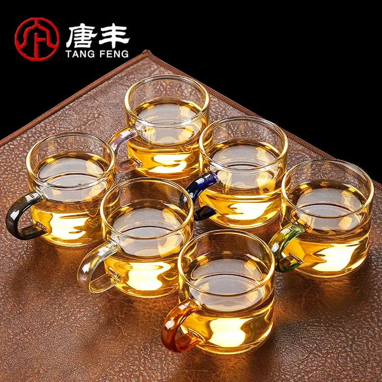 玻璃杯6色彩把品茗杯透明耐高温功夫喝茶拒绝混杯耐热茶杯喝水杯