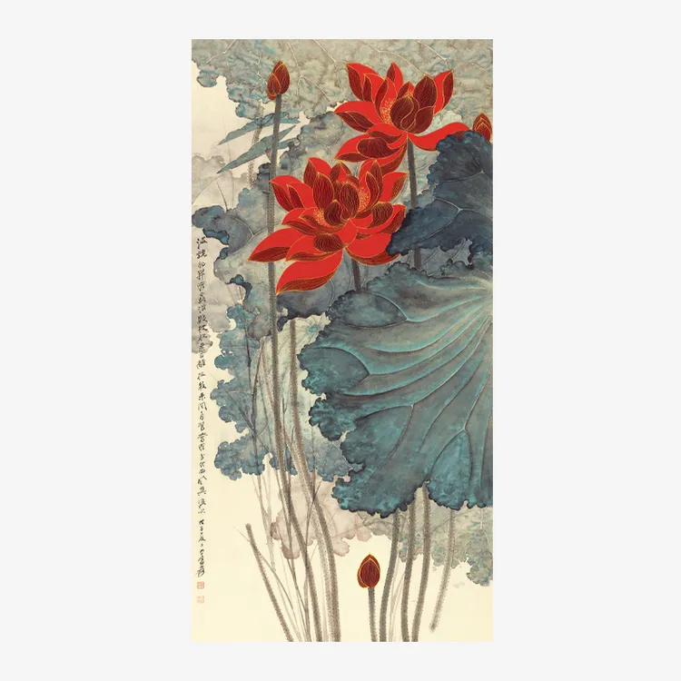 张大千中式《金线荷花》高清复制印刷装裱装饰画客厅书房作品