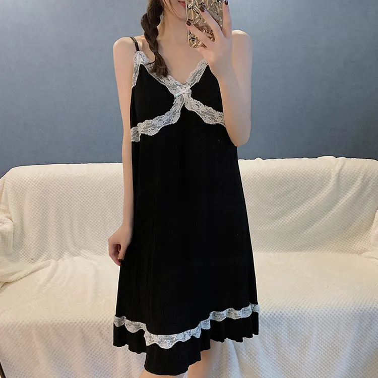(带胸垫)夏季睡裙战袍爆款2025女性感蕾丝吊带美背纯欲风家居服