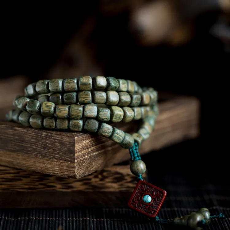 绿檀木手串方珠檀香木108黑檀佛珠手链毛衣项链8mm男女士精雕佛头