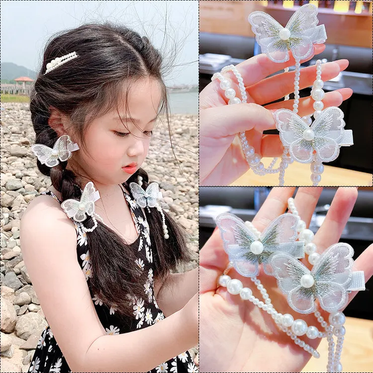 儿童杨超越同款韩系发卡网红可爱编发链珍珠超仙发饰甜美蝴蝶发卡