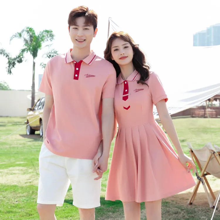 你衣我裙情侣装2025纯色a字裙夏季女连衣裙男短袖POLO衫短裤套装