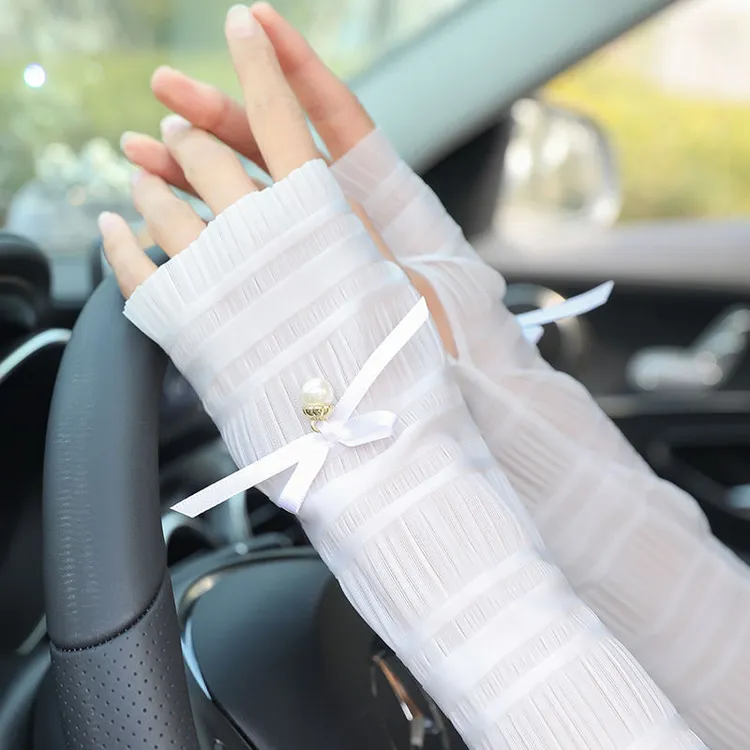 防晒袖套女冰袖优雅冰丝护袖手臂套袖宽松开车骑车蕾丝户外心馨秀