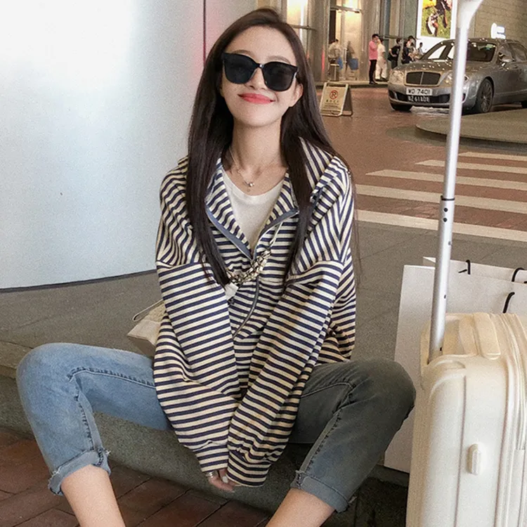 【现货48飞】510 短款运动条纹卫衣开衫外套女春秋季韩版宽松薄款