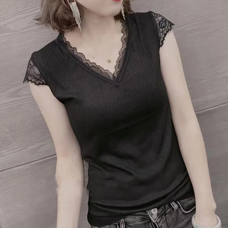螺纹棉背心吊带女夏季修身遮肉百搭V领气质无袖上衣蕾丝显瘦短袖