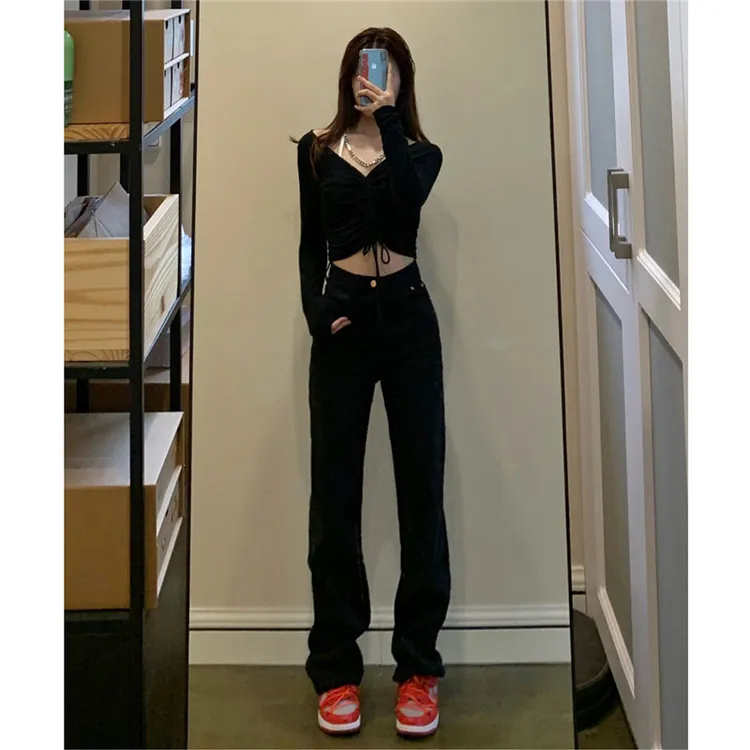 黑色高腰牛仔裤女直筒宽松冬2025窄版显瘦阔腿拖地裤加绒加厚可选