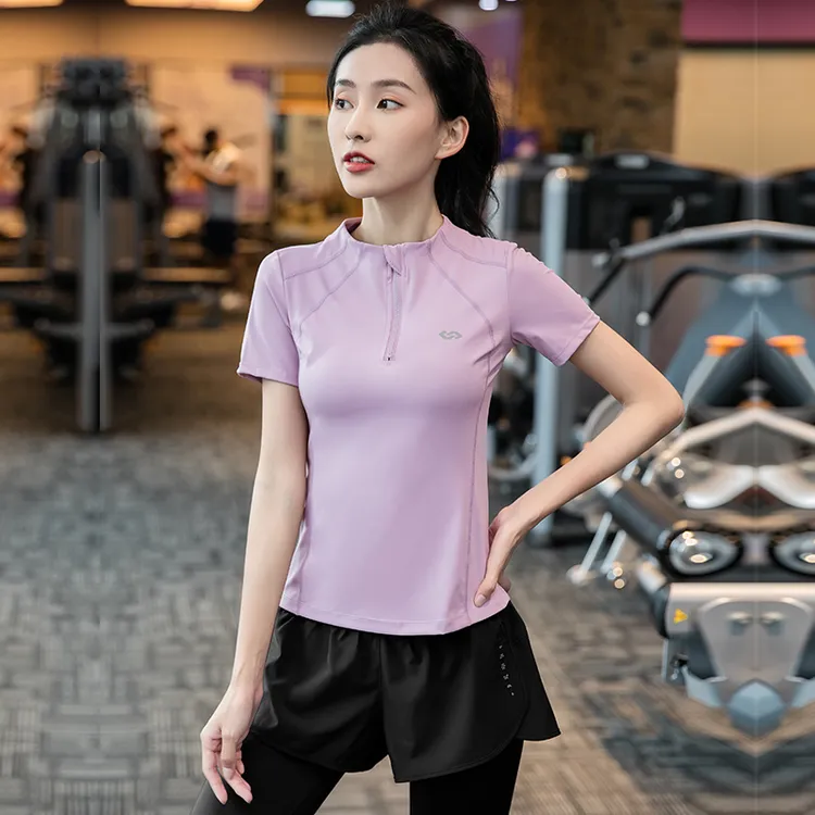 春夏新品健身衣夏季专业运动短袖半拉链立领瑜伽服训练跑步T恤