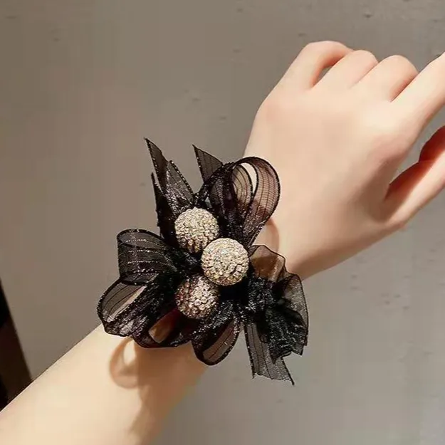 韩版网红发绳蝴蝶结欧根纱发圈女气质水钻头饰扎头发扎马尾皮筋