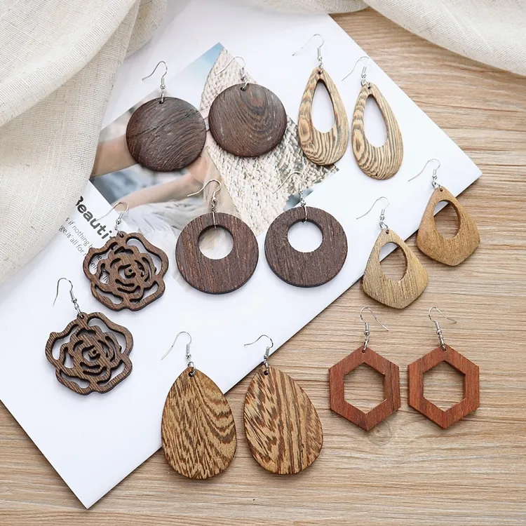 合金木质耳饰 复古几何气质耳环韩国简约百搭夸张长款耳坠饰品女